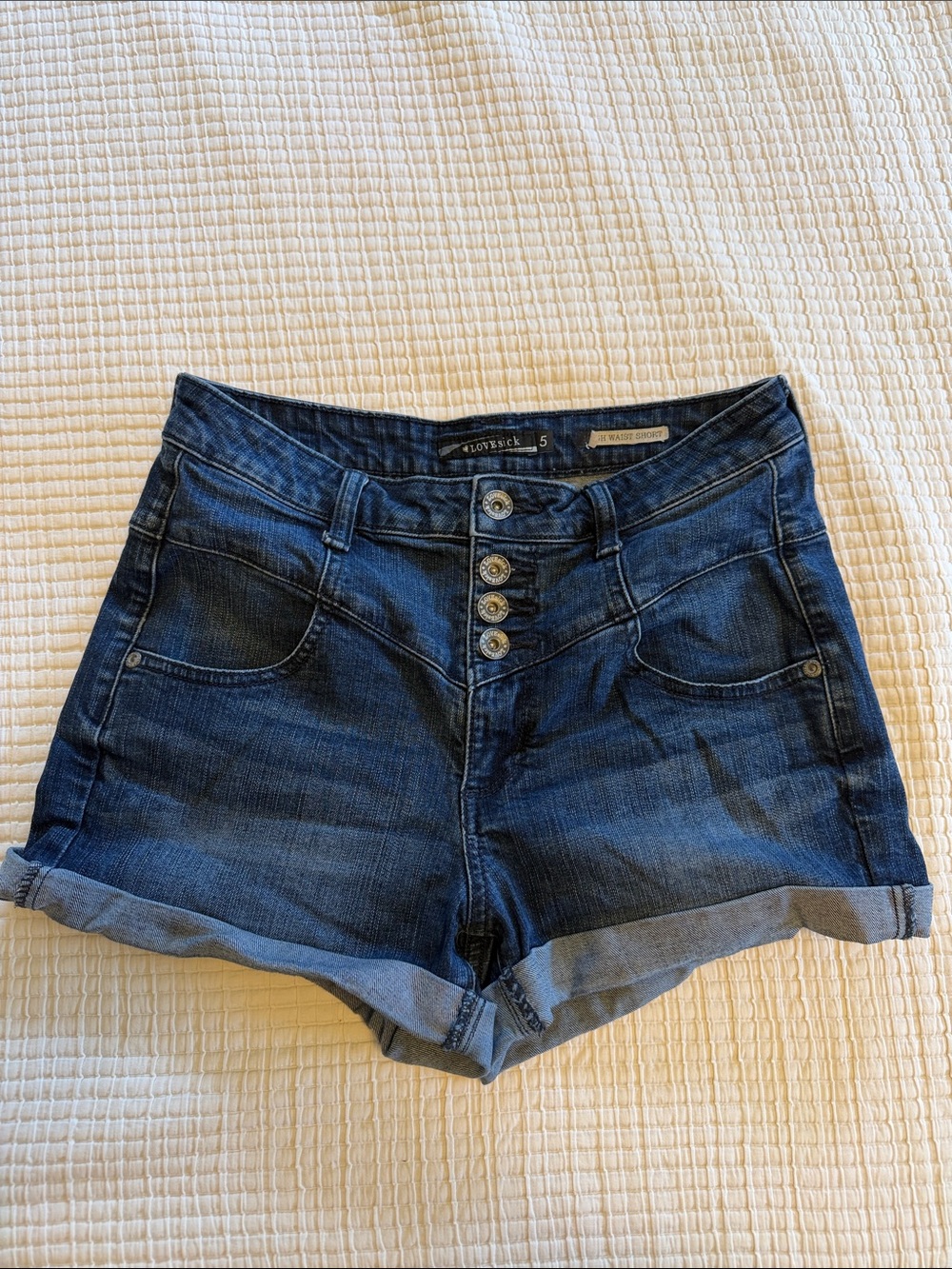Love Sick Dark Blue High-Rise Button-Front Denim Shorts